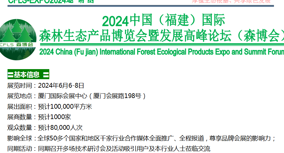 抓緊預(yù)訂2024中國（福建）國際森林生態(tài)產(chǎn)品博覽會暨發(fā)展高峰論壇（森博會）（協(xié)會主辦）